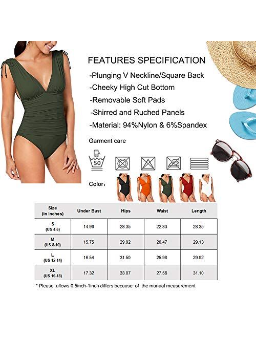 COCOLEGGINGS Women's Plunging V Neck Tummy Control Ruched One Piece Swimsuit