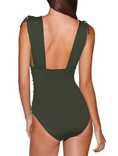 COCOLEGGINGS Women's Plunging V Neck Tummy Control Ruched One Piece Swimsuit