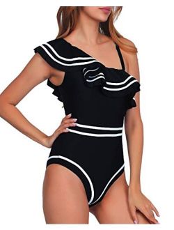 Women One Piece Nave Vintage Swimsuits One Shoulder Ruched Flounce High Waisted Swimwear Nautical Monokini