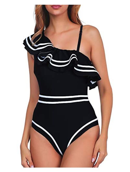 Women One Piece Nave Vintage Swimsuits One Shoulder Ruched Flounce High Waisted Swimwear Nautical Monokini