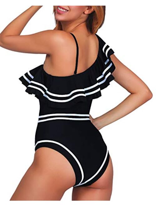 Women One Piece Nave Vintage Swimsuits One Shoulder Ruched Flounce High Waisted Swimwear Nautical Monokini