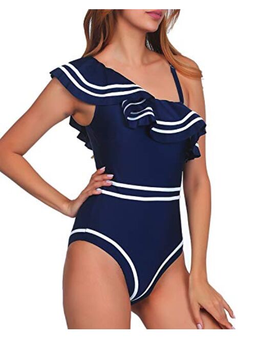 Women One Piece Nave Vintage Swimsuits One Shoulder Ruched Flounce High Waisted Swimwear Nautical Monokini