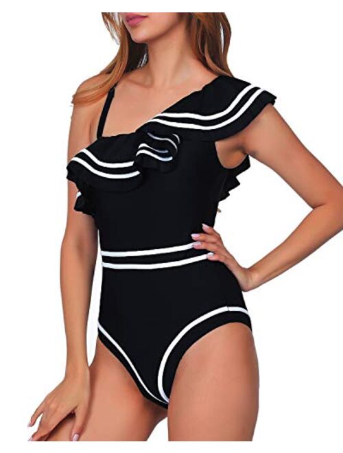 Women One Piece Nave Vintage Swimsuits One Shoulder Ruched Flounce High Waisted Swimwear Nautical Monokini