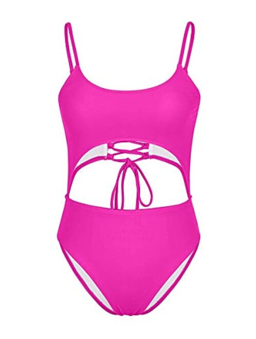 Feager Womens Strappy Cut Out Front Monokini Lace Up Back Bathing Suit Criss Cross High Cut One Piece Swimsuit