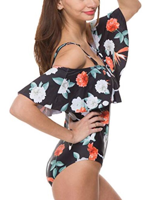 Women One Piece Bathing Suit Printed Shoulder Straps Ruched Swimwear Bikini Swimsuits