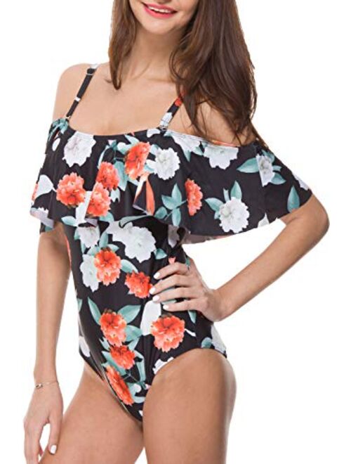 Women One Piece Bathing Suit Printed Shoulder Straps Ruched Swimwear Bikini Swimsuits