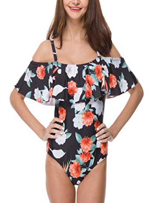 Women One Piece Bathing Suit Printed Shoulder Straps Ruched Swimwear Bikini Swimsuits