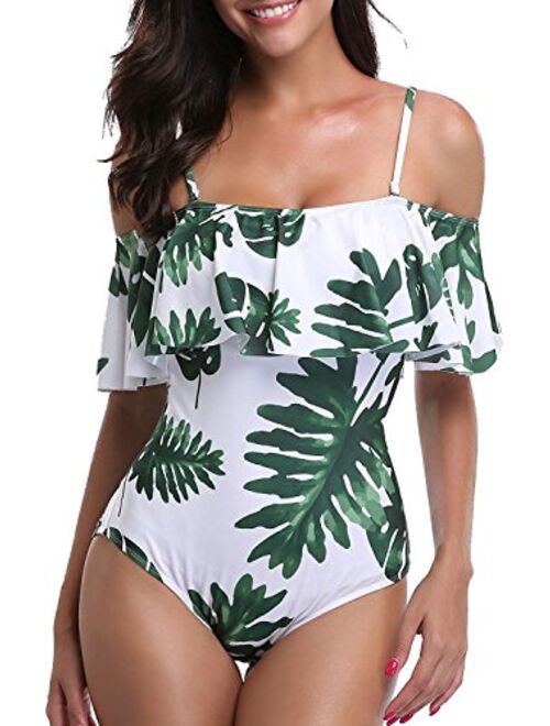 Women One Piece Bathing Suit Printed Shoulder Straps Ruched Swimwear Bikini Swimsuits