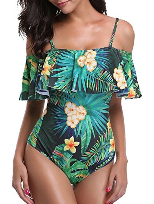 Women One Piece Bathing Suit Printed Shoulder Straps Ruched Swimwear Bikini Swimsuits