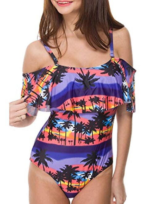 Women One Piece Bathing Suit Printed Shoulder Straps Ruched Swimwear Bikini Swimsuits