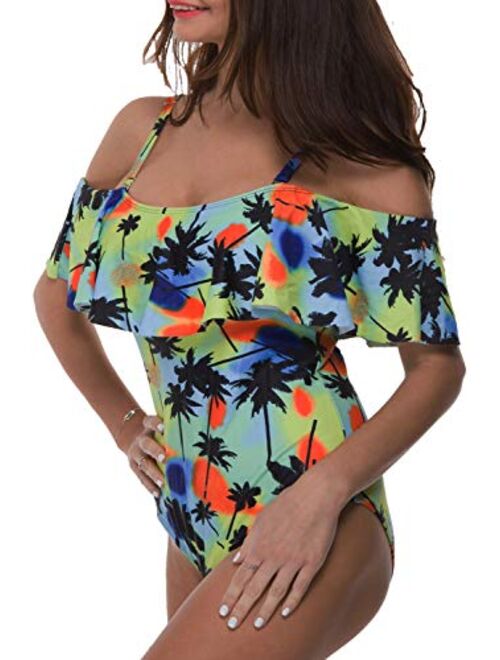 Women One Piece Bathing Suit Printed Shoulder Straps Ruched Swimwear Bikini Swimsuits