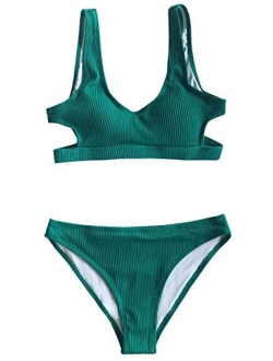 Women's Emerald Velvet Solid Backless Bikini with Cutout