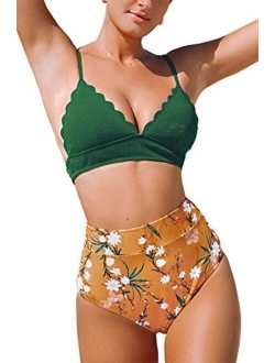 Women's High Waist Bikini Set Scalloped Adjustable Padded Two Piece Swimsuits