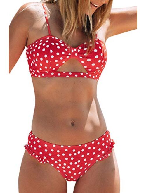 CUPSHE Women's Red Polka Dot Cutout Ruffles Back Hook Closure Bikini Sets