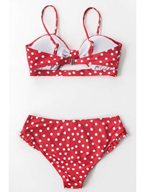 CUPSHE Women's Red Polka Dot Cutout Ruffles Back Hook Closure Bikini Sets