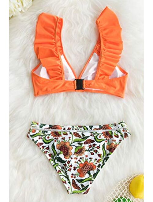 CUPSHE Women's Orange Floral Bottom Ruffle Hook Closure Bikini Set