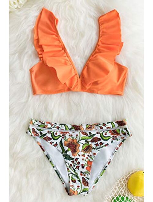 CUPSHE Women's Orange Floral Bottom Ruffle Hook Closure Bikini Set