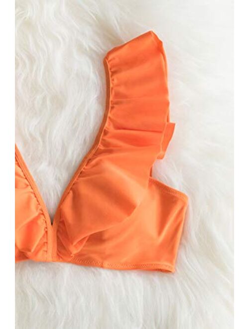 CUPSHE Women's Orange Floral Bottom Ruffle Hook Closure Bikini Set