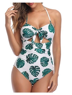 Women Cutout Bikini High Waist One Piece Tie Knot Swimsuit