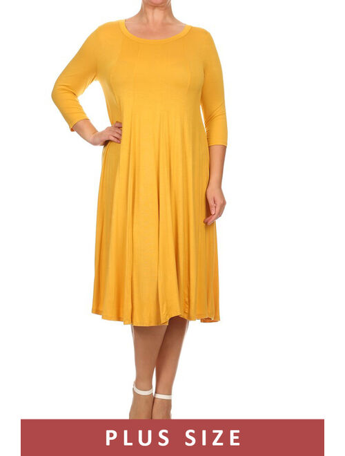 MOA Collection Plus Size Women's 3/4 Sleeves solid dress