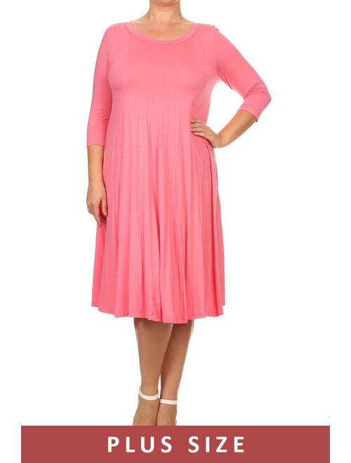 MOA Collection Plus Size Women's 3/4 Sleeves solid dress