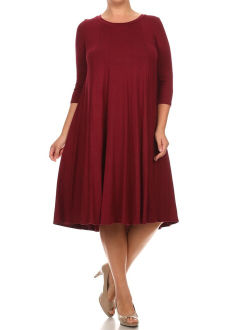 MOA Collection Plus Size Women's 3/4 Sleeves solid dress