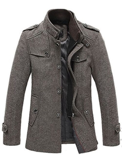 Men's Stand Collar Wool-Blend Classic Pea Coat with Removable Inner Collar