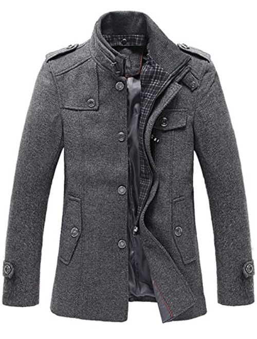 chouyatou Men's Stand Collar Wool-Blend Classic Pea Coat with Removable Inner Collar