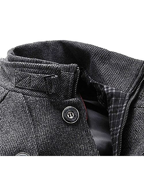 chouyatou Men's Stand Collar Wool-Blend Classic Pea Coat with Removable Inner Collar