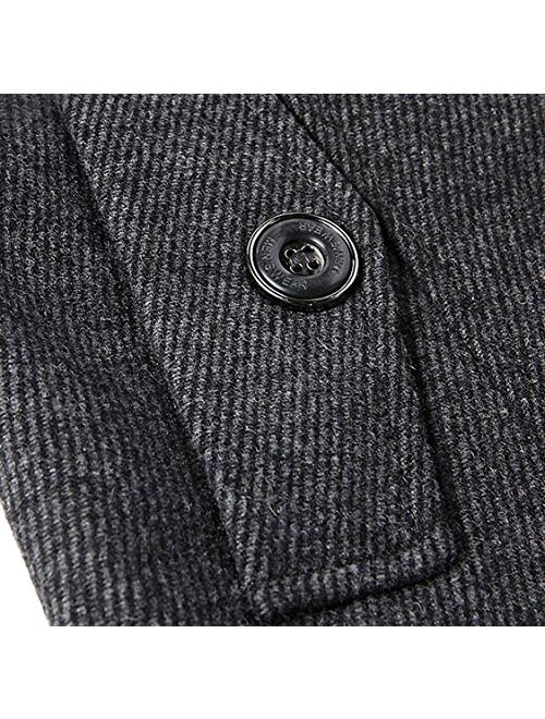 chouyatou Men's Stand Collar Wool-Blend Classic Pea Coat with Removable Inner Collar