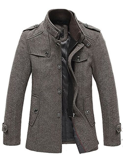 chouyatou Men's Stand Collar Wool-Blend Classic Pea Coat with Removable Inner Collar