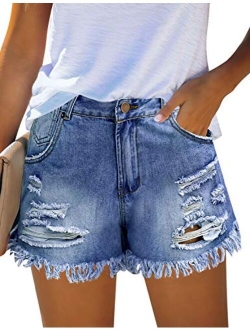 luvamia Women's Mid Rise Ripped Denim Shorts Frayed Raw Hem Casual Jeans Shorts