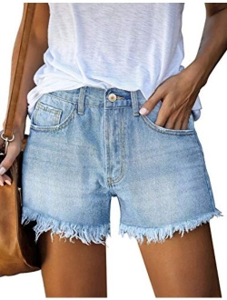 luvamia Women's Mid Rise Ripped Denim Shorts Frayed Raw Hem Casual Jeans Shorts