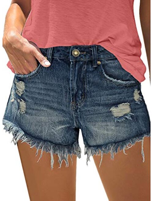 luvamia Women's Mid Rise Ripped Denim Shorts Frayed Raw Hem Casual Jeans Shorts