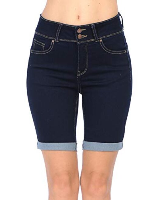 Wax Jean Women's Juniors Butt I Love You High Rise Push-Up 2 Button Bermuda Denim Shorts