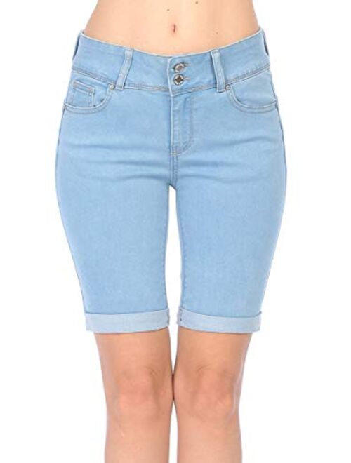 Wax Jean Women's Juniors Butt I Love You High Rise Push-Up 2 Button Bermuda Denim Shorts