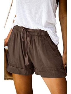 Women's Elastic Waist Drawstring Belt Solid Color Comfy Shorts with Pockets