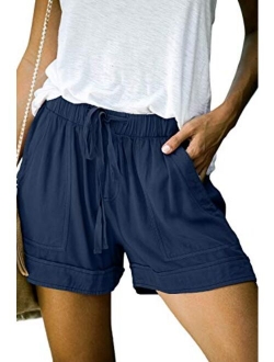 Women's Elastic Waist Drawstring Belt Solid Color Comfy Shorts with Pockets