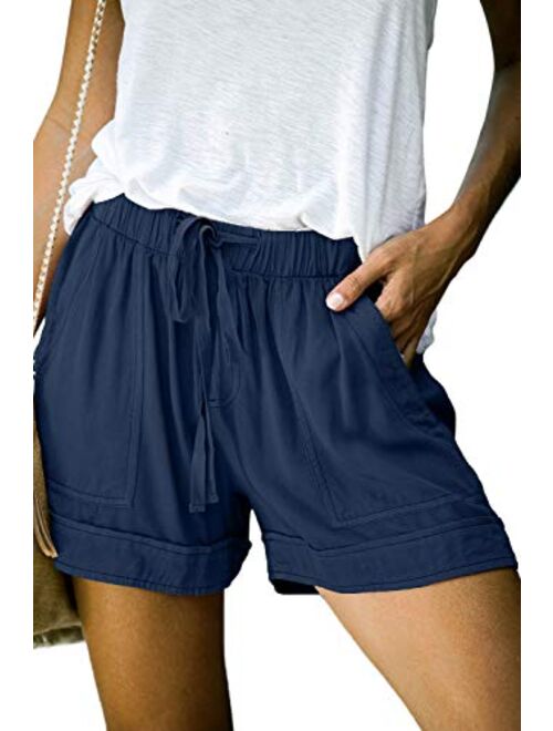 MEROKEETY Women's Elastic Waist Drawstring Belt Solid Color Comfy Shorts with Pockets