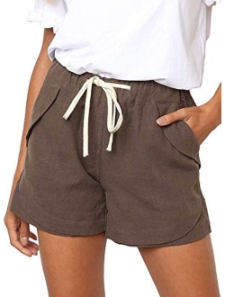 Womens Casual Drawstring Elastic Waist Comfy Summer Pure Color Shorts with Pockets