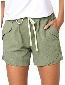 Womens Casual Drawstring Elastic Waist Comfy Summer Pure Color Shorts with Pockets