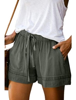 Womens Casual Drawstring Elastic Waist Comfy Summer Pure Color Shorts with Pockets