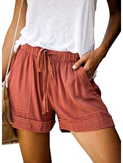 Womens Casual Drawstring Elastic Waist Comfy Summer Pure Color Shorts with Pockets