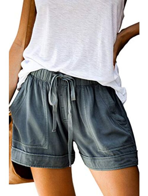 Womens Casual Drawstring Elastic Waist Comfy Summer Pure Color Shorts with Pockets