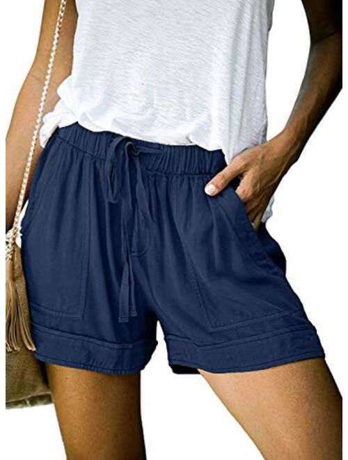 Womens Casual Drawstring Elastic Waist Comfy Summer Pure Color Shorts with Pockets