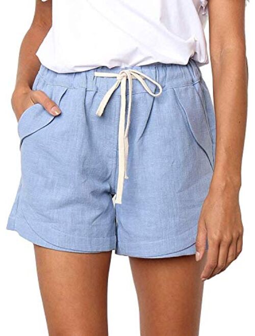 Womens Casual Drawstring Elastic Waist Comfy Summer Pure Color Shorts with Pockets