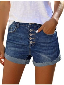 LookbookStore Women Summer Mid Waisted Cuffed Hem Buttons Denim Jean Shorts