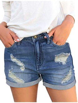 LookbookStore Women Summer Mid Waisted Cuffed Hem Buttons Denim Jean Shorts