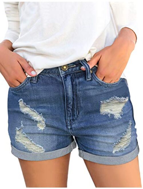 LookbookStore Women Summer Mid Waisted Cuffed Hem Buttons Denim Jean Shorts