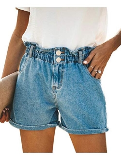 Pofash Women's Denim Paper Bag Waist Jersey Walking Shorts Jeans with Waist Tie Pockets